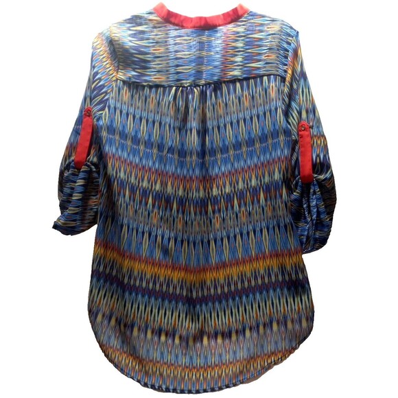 Signature Studio Small Patterned Sheer Multicolor 3/4 Sleeve Tunic Mock V Neck - Picture 7 of 7